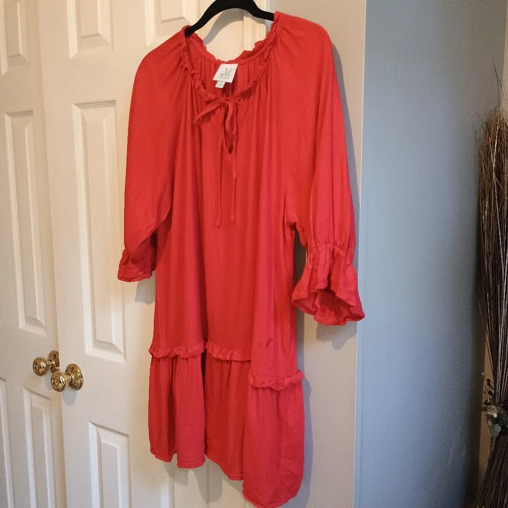 M Shopthemint Women’s Size M Red Linen Cotton Ruffle Peasant Tunic Dress Boho - Picture 6 of 13